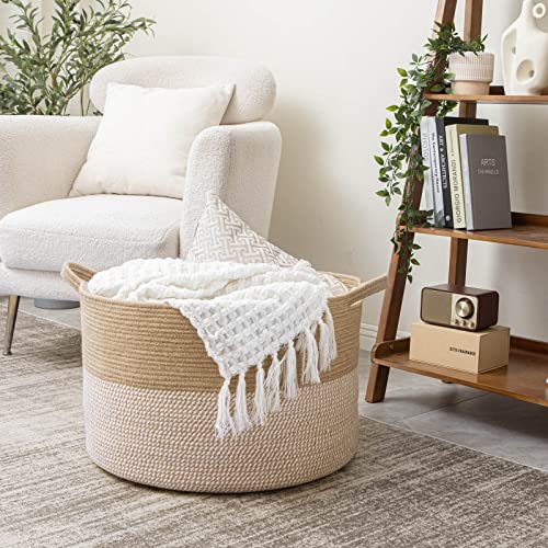 INDRESSME Extra Large Woven Baskets for Storage, 21.7'' x 13.8'' Wicker Basket with Handle for Blankets, Big Laundry Baskets for Clothes, Pillows, Towel, Shoe Basket for Entryway, 90L White Jute