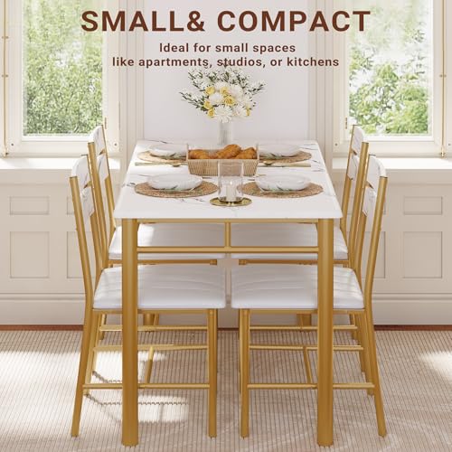 Amazon IRONCK Dining Table Set for 4, Wood Kitchen Table with Upholstered Chairs for Kitchen & Dining Room, Compact Dining Set for Small Spaces, White & Gold