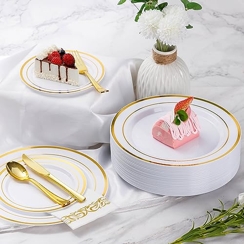 350 Piece Gold Dinnerware Set for 50 Guests, Plastic Plates Disposable for Party, Include: 50 Gold Rim Dinner Plates, 50 Dessert Plates, 50 Paper Napkins, 50 Cups, 50 Gold Silverware Set