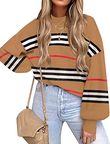 ETCYY Womens Striped Sweaters 2023 Fall Batwing Long Sleeve Side Slit Oversized Sweaters Trendy Crew Neck Knit Pullover Tops