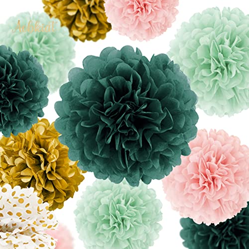 AOBKIAT Wedding Birthday Party Decorations Set,15PCS Sage Green Pink Tissue Paper Pompoms Circle Dots Paper Garland String Hanging Backdrop for Baby Shower, Boho Bridal Wedding Theme Decor