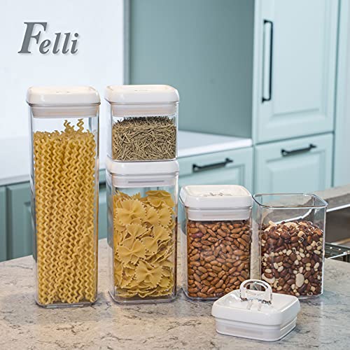 Felli Flip Tite Airtight Food Storage Container 5pk Set Lid 4” REGULAR Seal Stackable Plastic Canister Jar, Kitchen Cupboard Pantry Organizer, Spice Pasta Snack Candy Bean Christmas Gift for Women Mom