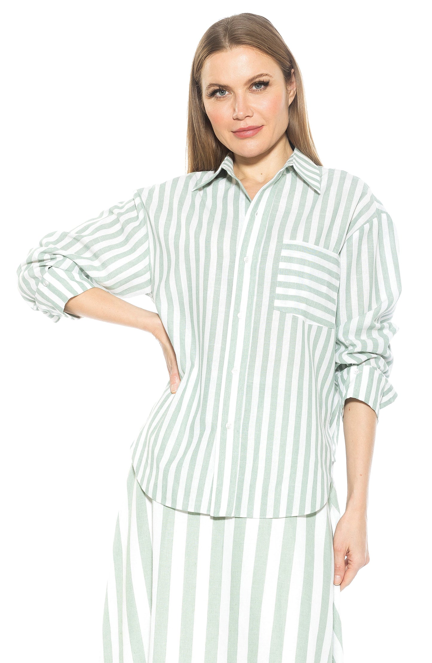 Alexia Admor Tammi Oversize Stripe Boyfriend Button-Up Shirt, Alternate, color, Green Stripe