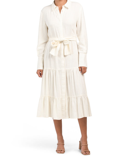 Linen Blend Long Sleeve Tiered Shirt Dress With Tie Waist