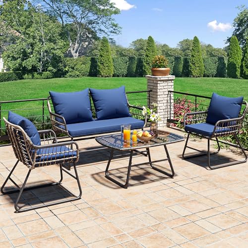 YITAHOME 4-Piece Patio Furniture Wicker Outdoor Bistro Set, All-Weather Rattan Conversation Loveseat Chairs for Backyard, Balcony and Deck with Soft Cushions and Metal Table (Navy Blue)