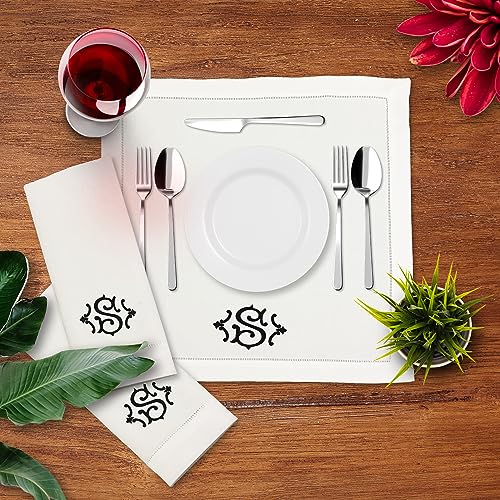 Premium Cotton Party Table Napkins with Embroidery Initial - 4 Pack, 20x20 Inch, Washable, Hemstitch Design, White Elegant Cloth Napkins for Family Dinners, Wedding Parties, Home Décor (S)