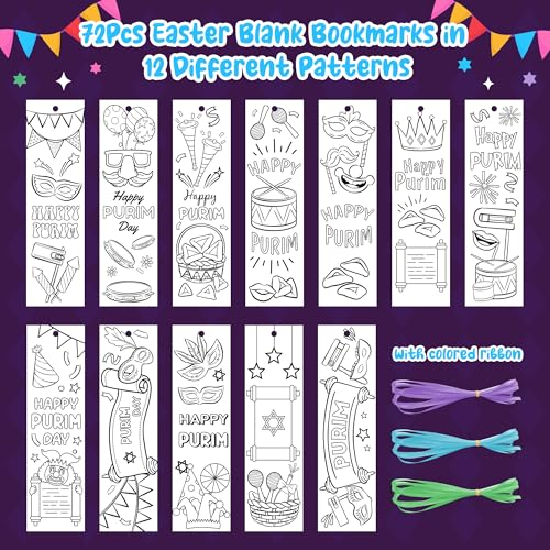 75Pcs Purim Color Your Own Bookmarks Happy Purim DIY Coloring Blank Bookmark Classroom Art Craft Supplies for Teachers Students Jewish Purim Carnival Holiday Party Gift Supplies Reward Goodie Fillers