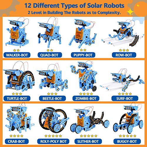 Sillbird STEM Projects 12 in 1 Solar Robot Toys for Kids, 190 Pieces Solar and Cell Powered Dual Drive Motor DIY Building Science Learning Educational Experiment Kit, Gift for Boys Girls Aged 8-12