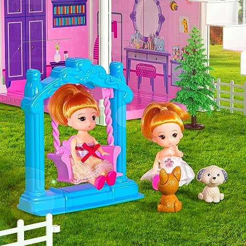 TEMI Dream Doll House Pink Girl Toys - 4 Stories 10 Rooms Dollhouse with 2 Princesses Dolls,Slide, Play House with Accessories, Toddler Playhouse Toy for Kids Ages 3 4 5 6 7 8+