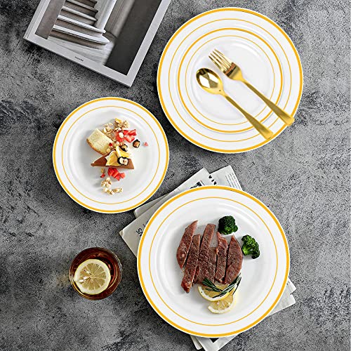 Gold Plastic Party Plates, MCIRCO 100 Pieces, Disposable for Weddings, Premium Heavy Duty Gold Rim Plates, Include 50 10.25 Inch Dinner Plates and 50 7.5 Inch Dessert Appetizer Plates