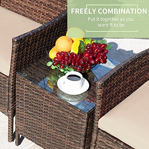 Greesum 3 Pieces Patio Furniture Sets Outdoor PE Rattan Wicker Chairs with Soft Cushion and Glass Coffee Table for Garden Backyard Porch Poolside, Brown and Beige