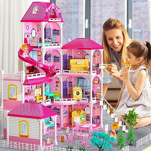 TEMI Dream Doll House Pink Girl Toys - 4 Stories 10 Rooms Dollhouse with 2 Princesses Dolls,Slide, Play House with Accessories, Toddler Playhouse Toy for Kids Ages 3 4 5 6 7 8+