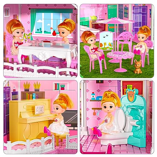 TEMI Dream Doll House Pink Girl Toys - 4 Stories 10 Rooms Dollhouse with 2 Princesses Dolls,Slide, Play House with Accessories, Toddler Playhouse Toy for Kids Ages 3 4 5 6 7 8+