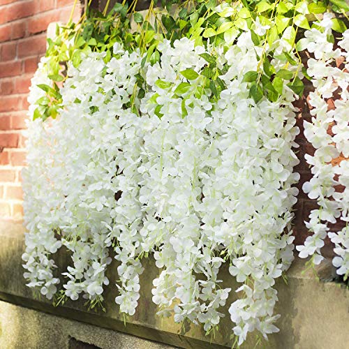 GPARK 12 Pack /45 inch /3.7ft Wisteria Hanging Artificial Flowers Fake Bushy Silk Vine Garland String for Wedding Party Garden Greenery Home Wall Deco Milk White