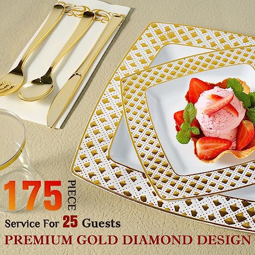 175 Piece Gold Dinnerware Set 25 Guest-50 Diamond Square Plastic Plates-25 Gold Plastic Silverware-25 Gold Plastic Cups-25 Linen Like Gold Paper Napkins, FOCUSLINE Disposable Dinnerware Set