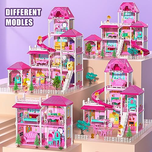 TEMI Dream Doll House Pink Girl Toys - 4 Stories 10 Rooms Dollhouse with 2 Princesses Dolls,Slide, Play House with Accessories, Toddler Playhouse Toy for Kids Ages 3 4 5 6 7 8+