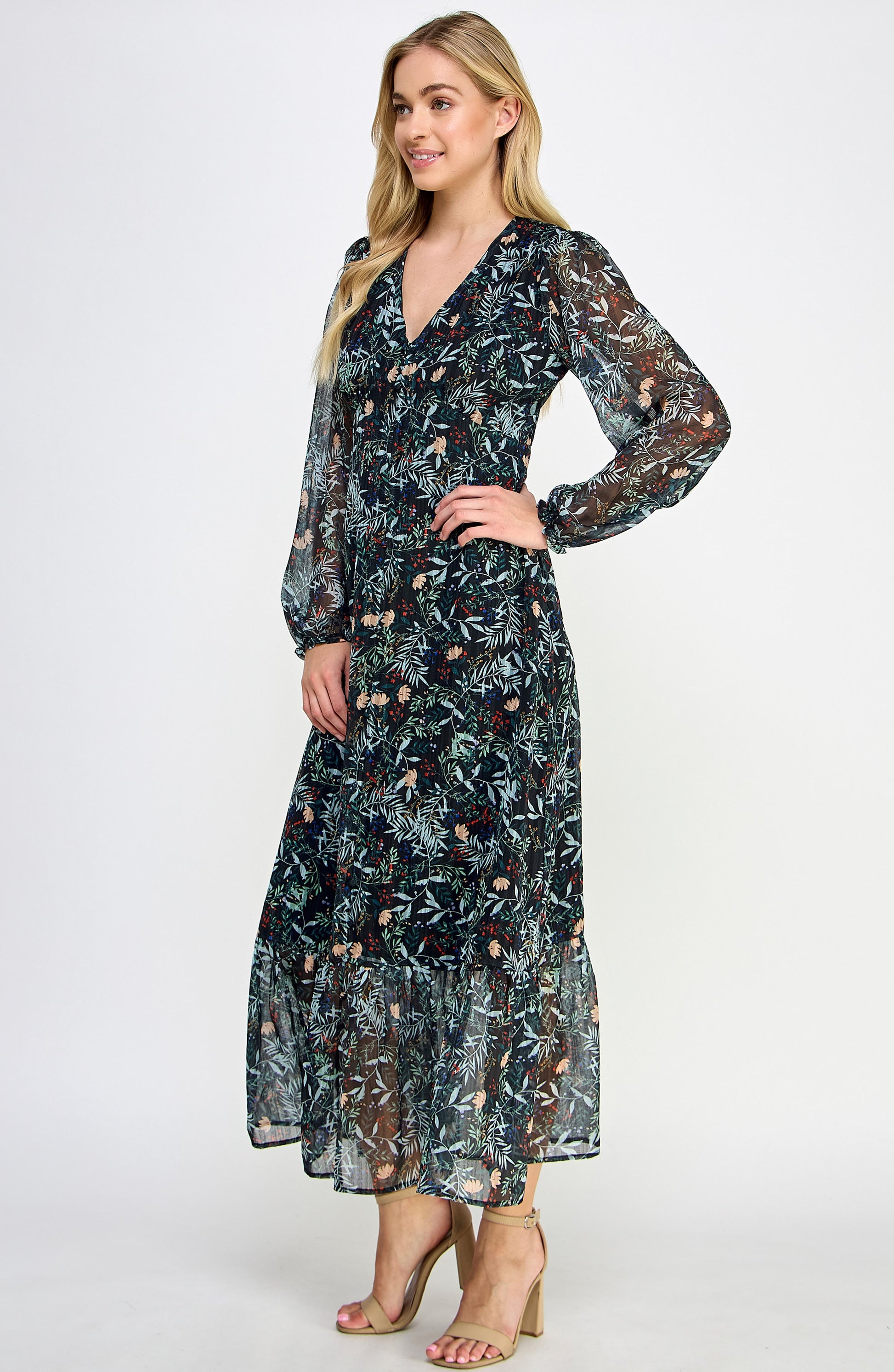 KOKO + MASON Long Sleeve Tiered Maxi Dress, Alternate, color, BLACK MULTI