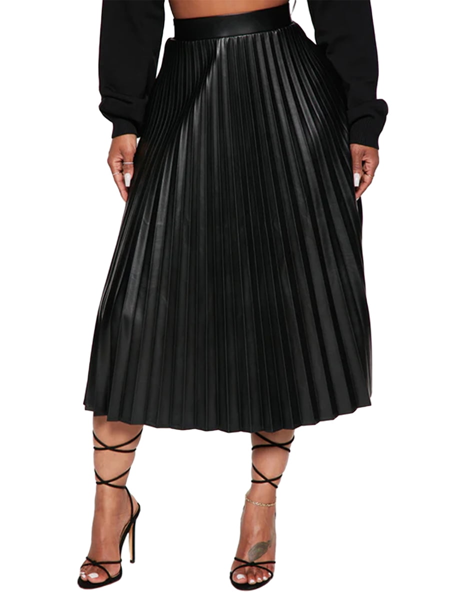 thumbnail image 2 of Women Faux Leather Midi Skirt, High Waist Solid Color Zip Up Pleated A-line Skirt Leather Flared Swing Maxi Skirt, 2 of 6