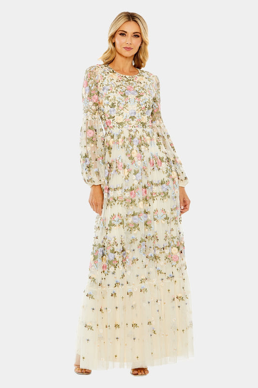 High Neck Floral Embroidered Puff Sleeve Gown