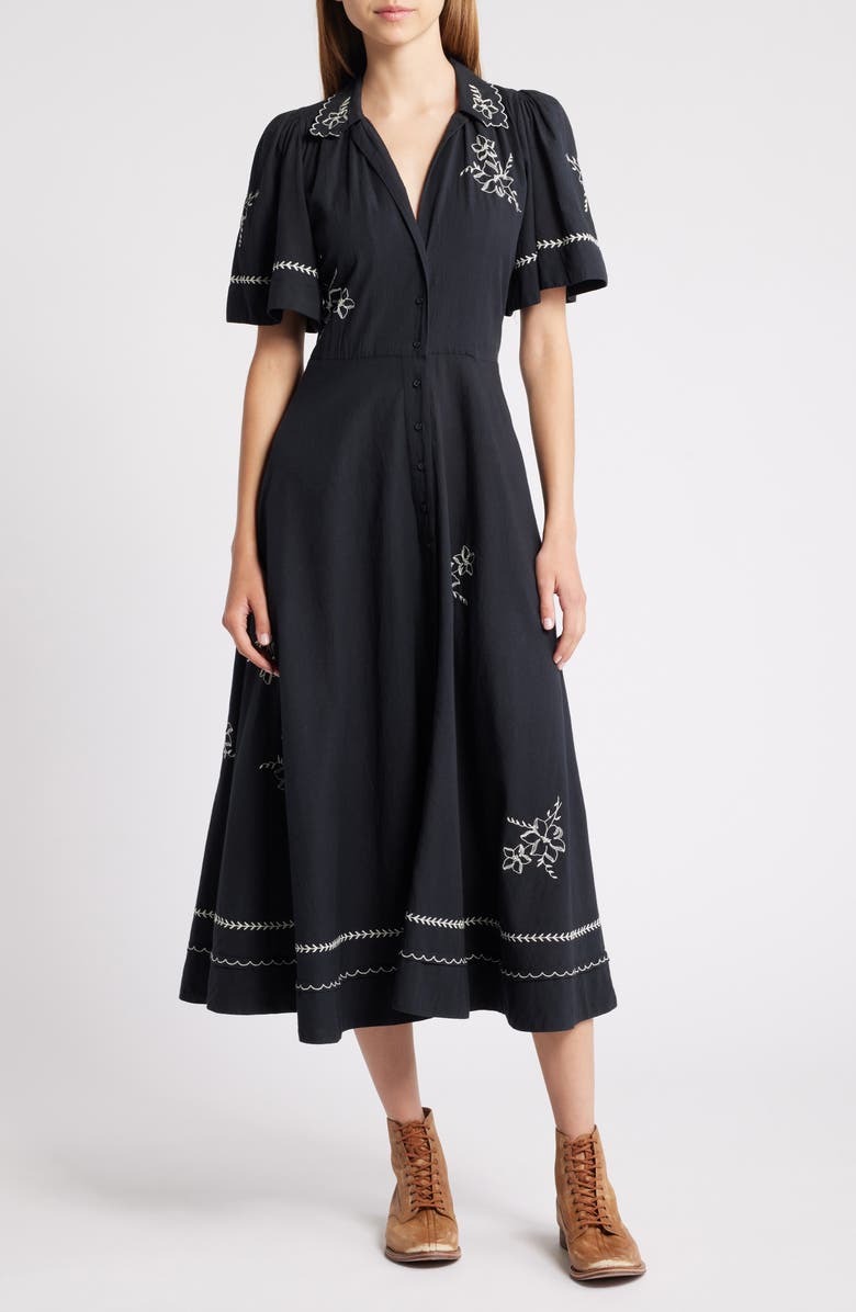 THE GREAT. Bridge Embroidered Cotton Midi Shirtdress