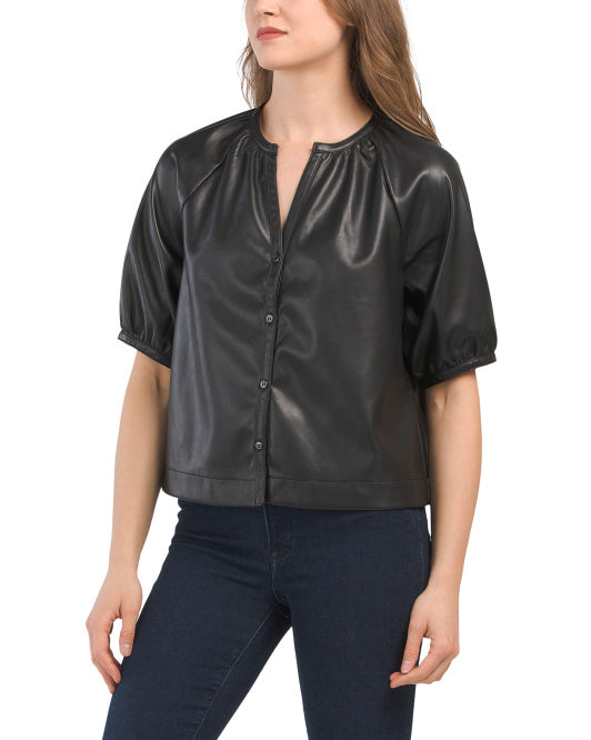 Puff Sleeve Faux Leather Raglan Top