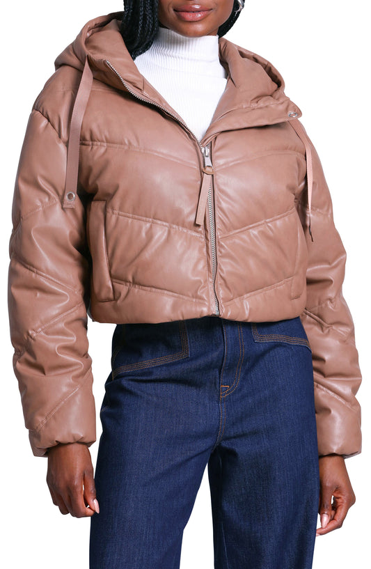 Avec Les Filles Water Resistant Hooded Crop Faux Leather Puffer Jacket, Alternate, color, MINK