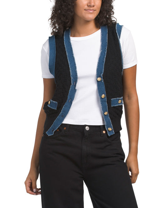 Pointelle Vest With Denim Trim