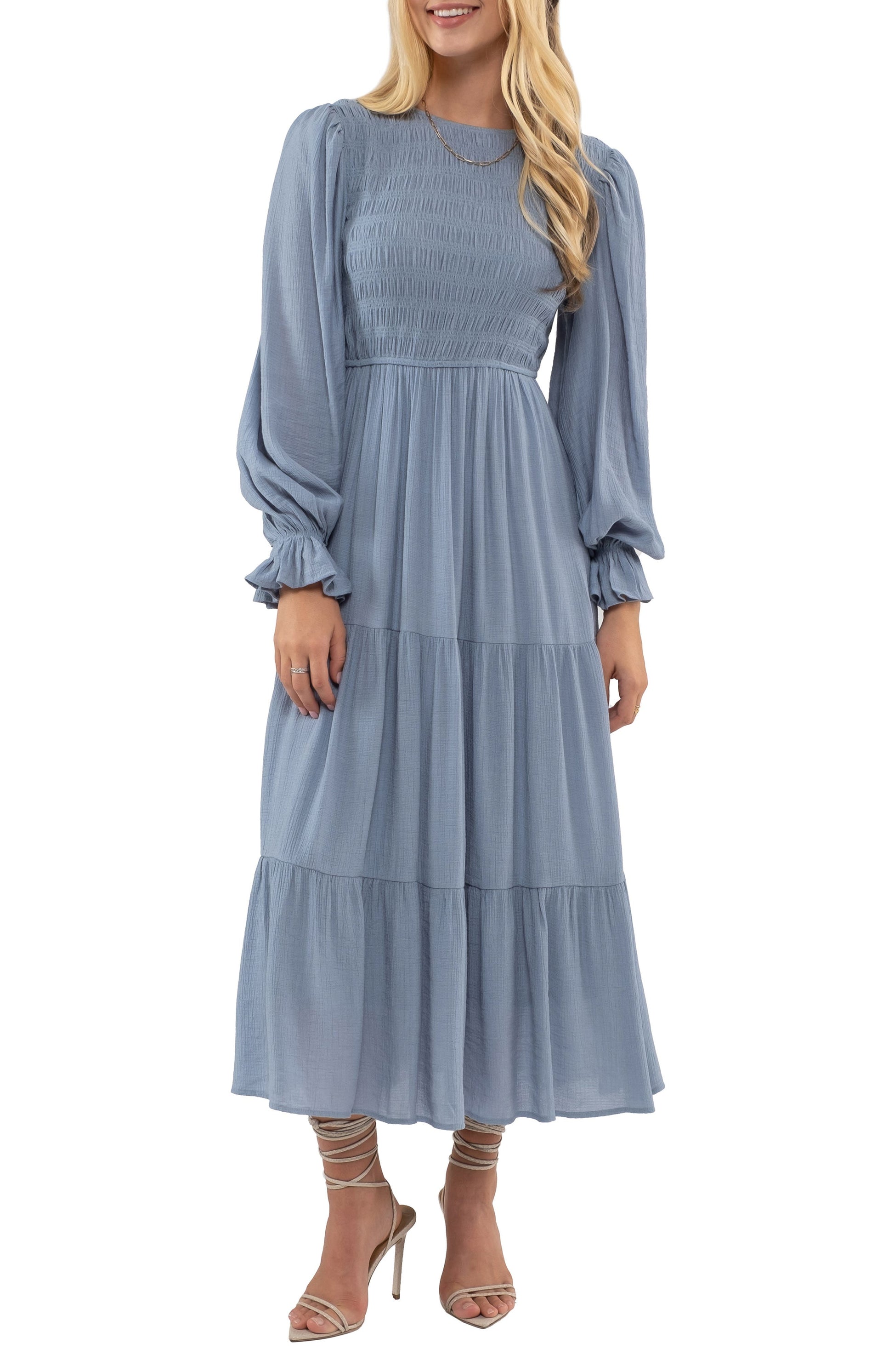 AUGUST SKY Smocked Long Sleeve Tiered Dress, Main, color, Chambray