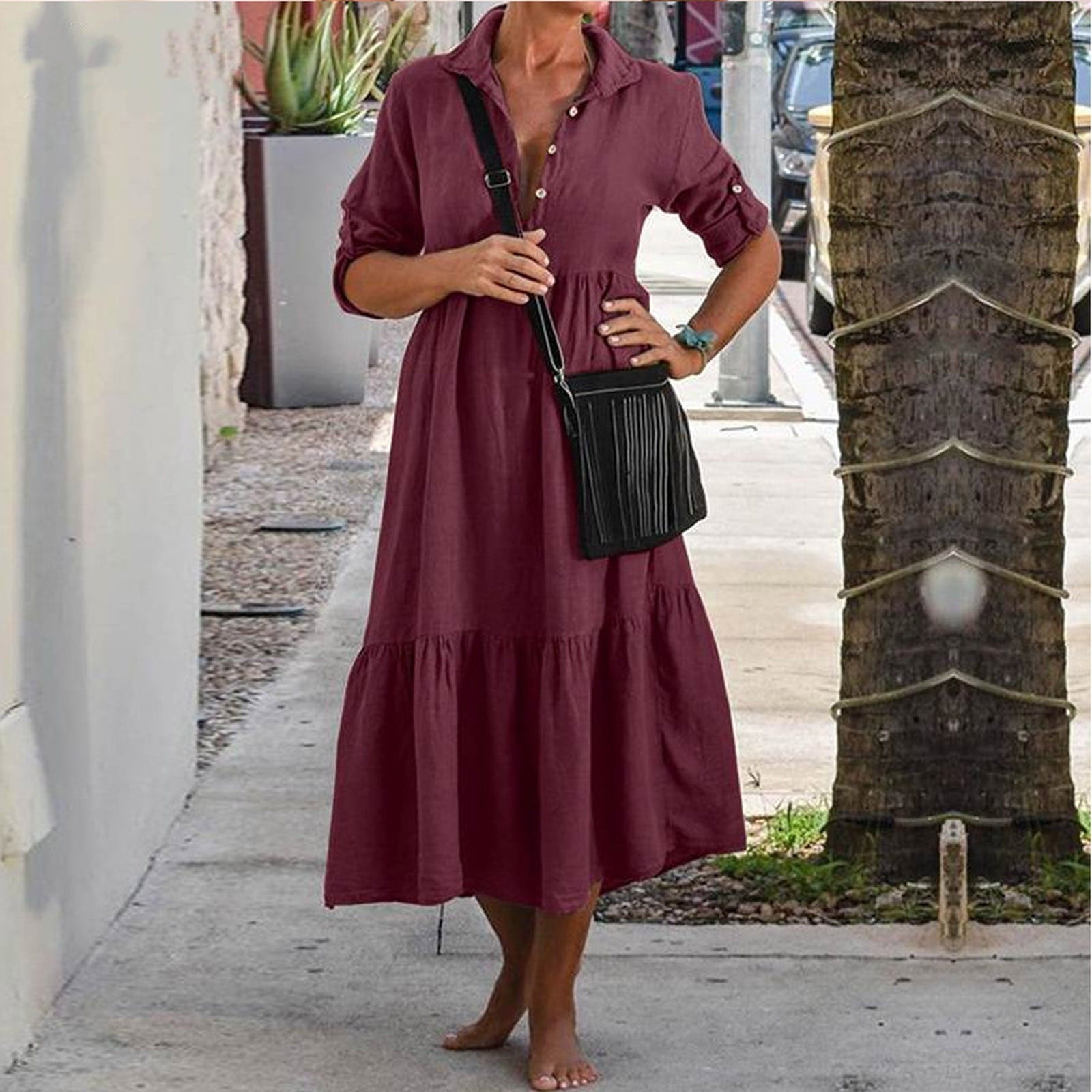 Womens Long Sleeve Cotton Linen Dress Button up V Neck Collared Plain Midi Dress Casual Pleated Loose Swing Dress - image 5 of 7