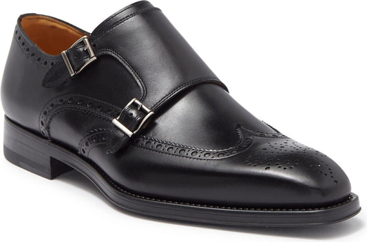 Magnanni Yuma Brogue Wingtip Leather Loafer, Main, color, BLACK