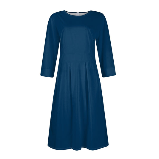 Walmart LISTHA Vintage Midi Dresses for Women Modest 3/4 Sleeve Crew Neck Wrap Dress A Line Pleated Wedding Guest Dress with Pockets Dark Blue XL