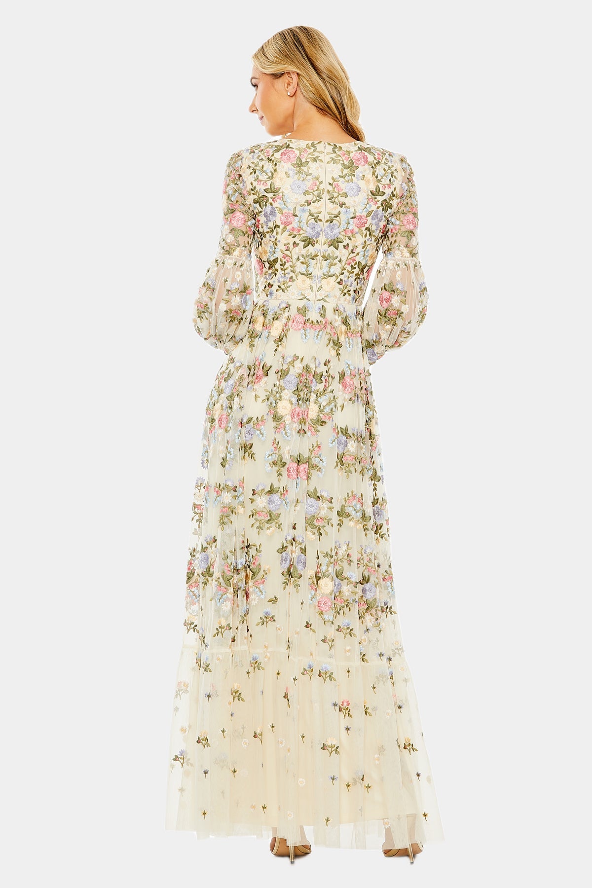 High Neck Floral Embroidered Puff Sleeve Gown