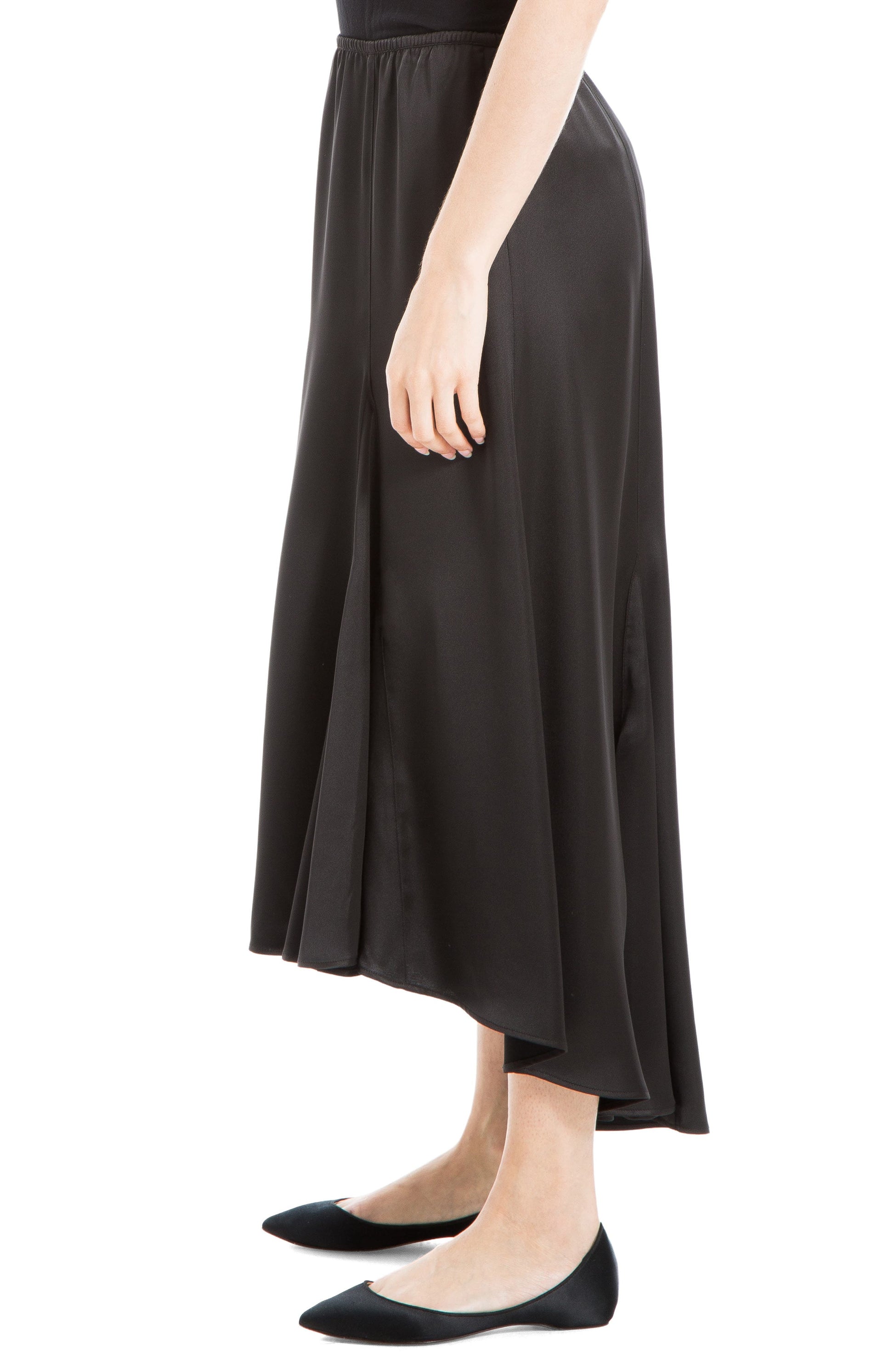 MAX STUDIO Godet Satin High-Low Skirt, Alternate, color, BLACK-BLACK