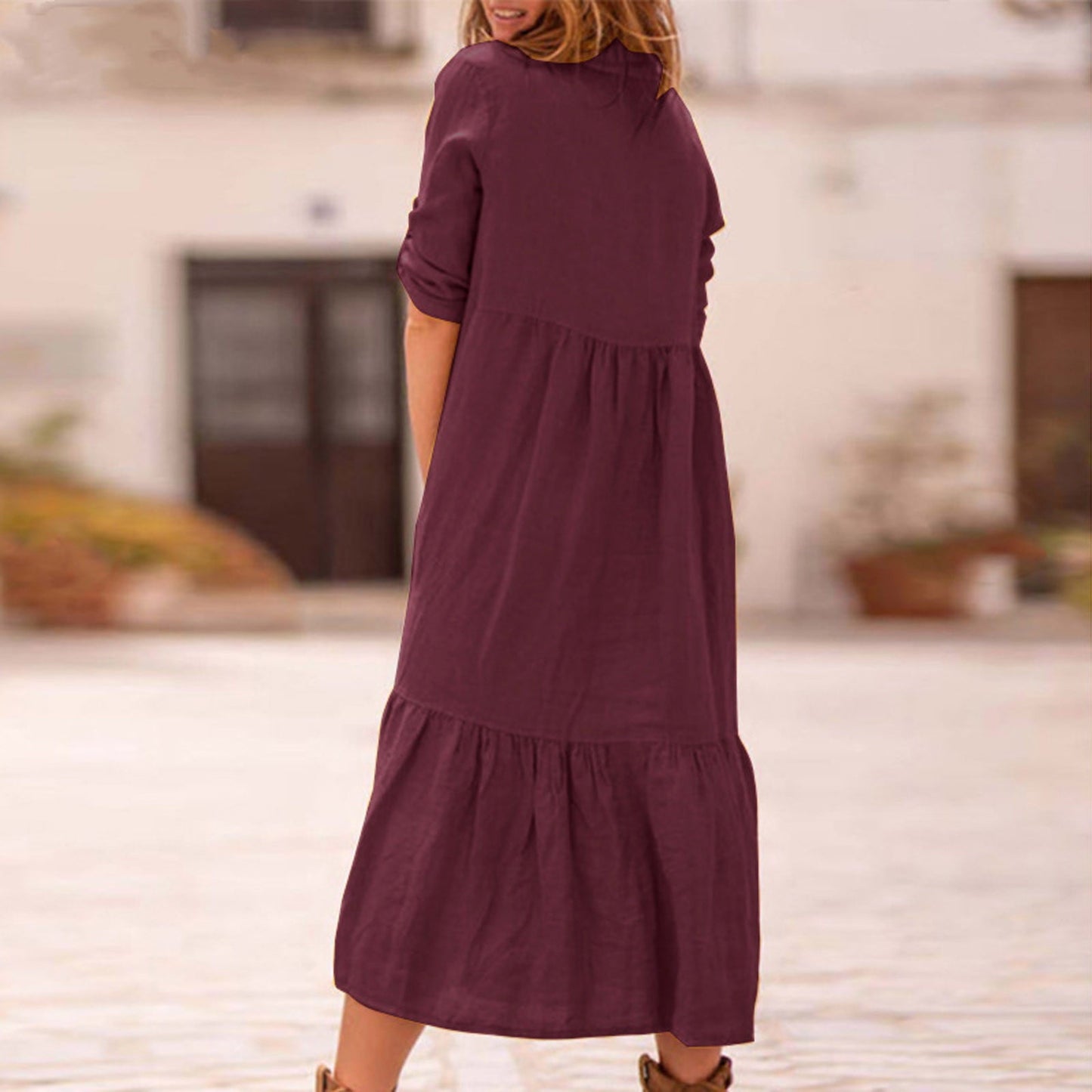 Womens Long Sleeve Cotton Linen Dress Button up V Neck Collared Plain Midi Dress Casual Pleated Loose Swing Dress - image 4 of 7