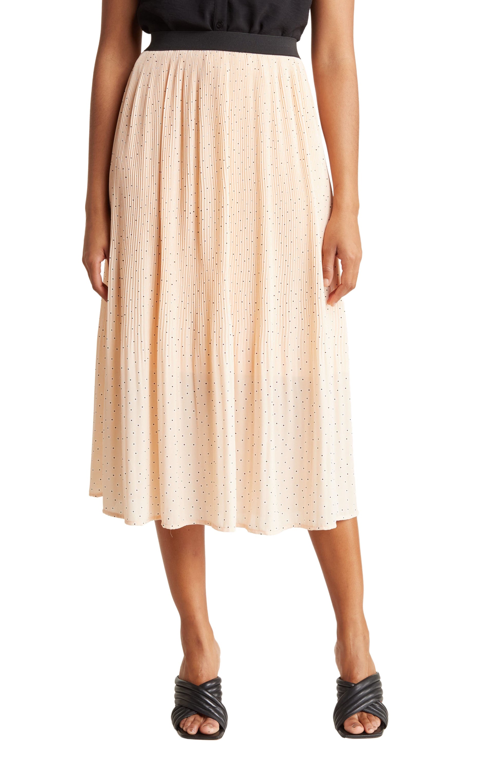 ADRIANNA PAPELL Woven Print Release Print Midi Skirt, Main, color, CHAMPAGNE DITSY DOT