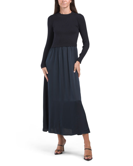 Long Sleeve Pleated Skirt Sweater Maxi Dress