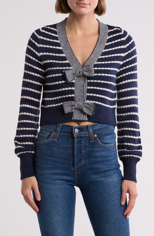 Vigoss Stripe Textured Bow Crop Cardigan, Main, color, Navy