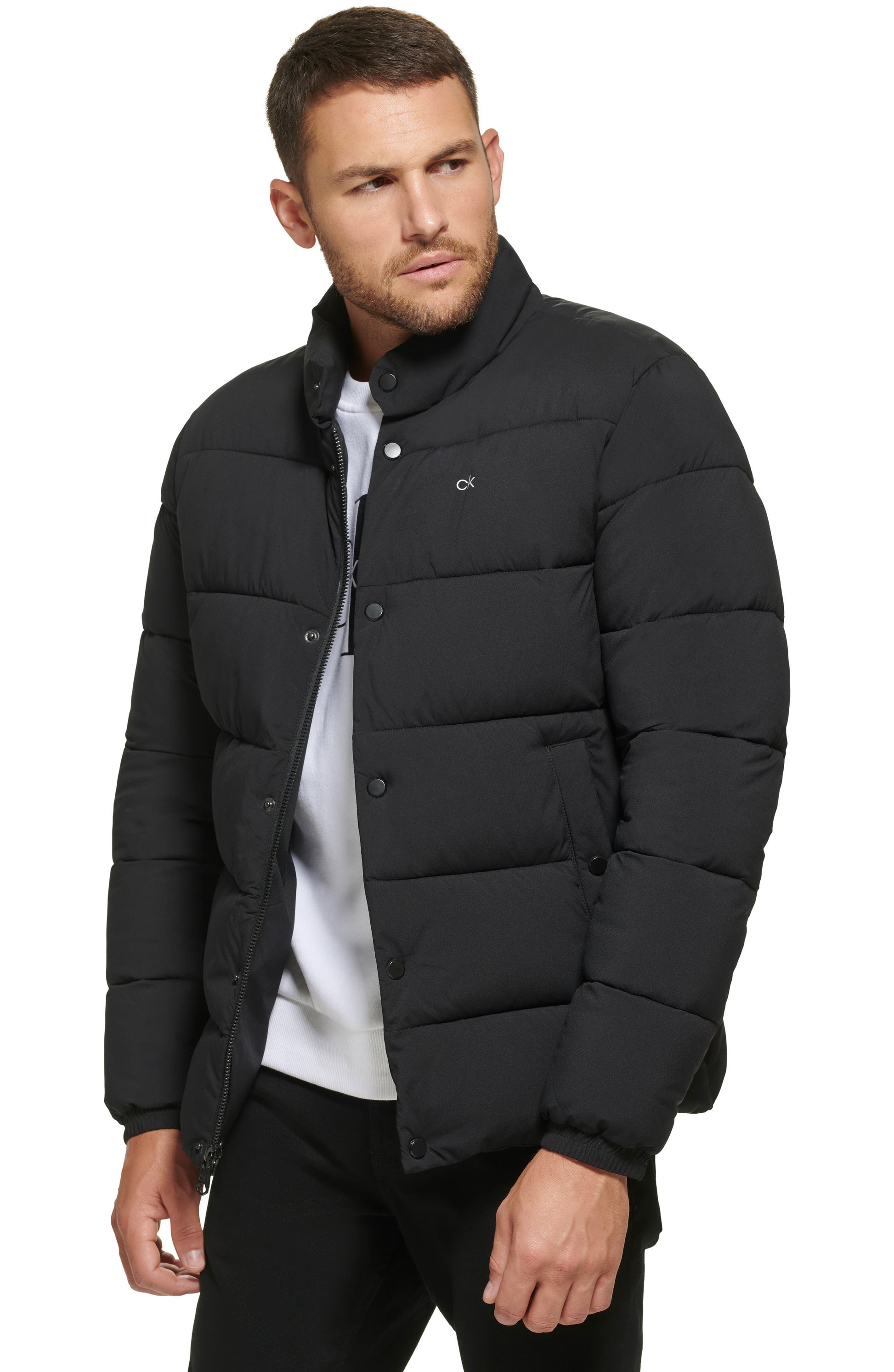 Calvin Klein Snap Front Puffer Jacket, Alternate, color, EBONY