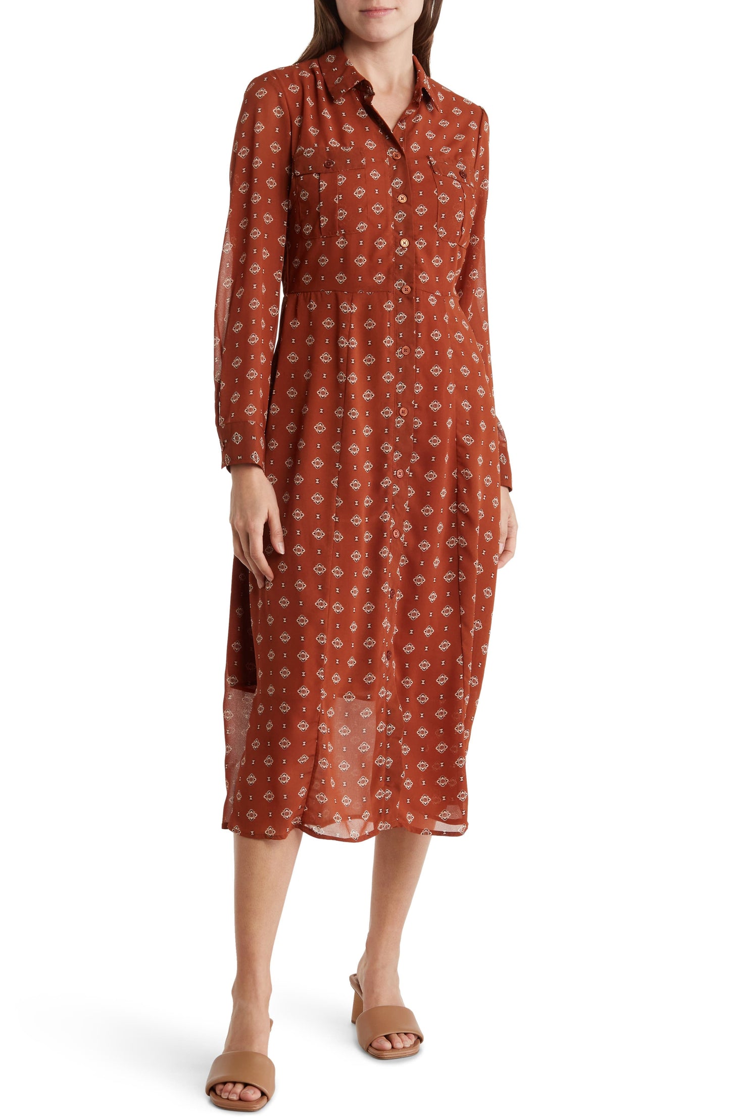 LUCKY BRAND Printed Midi Shirtdress, Main, color, BROWN MEDALLION