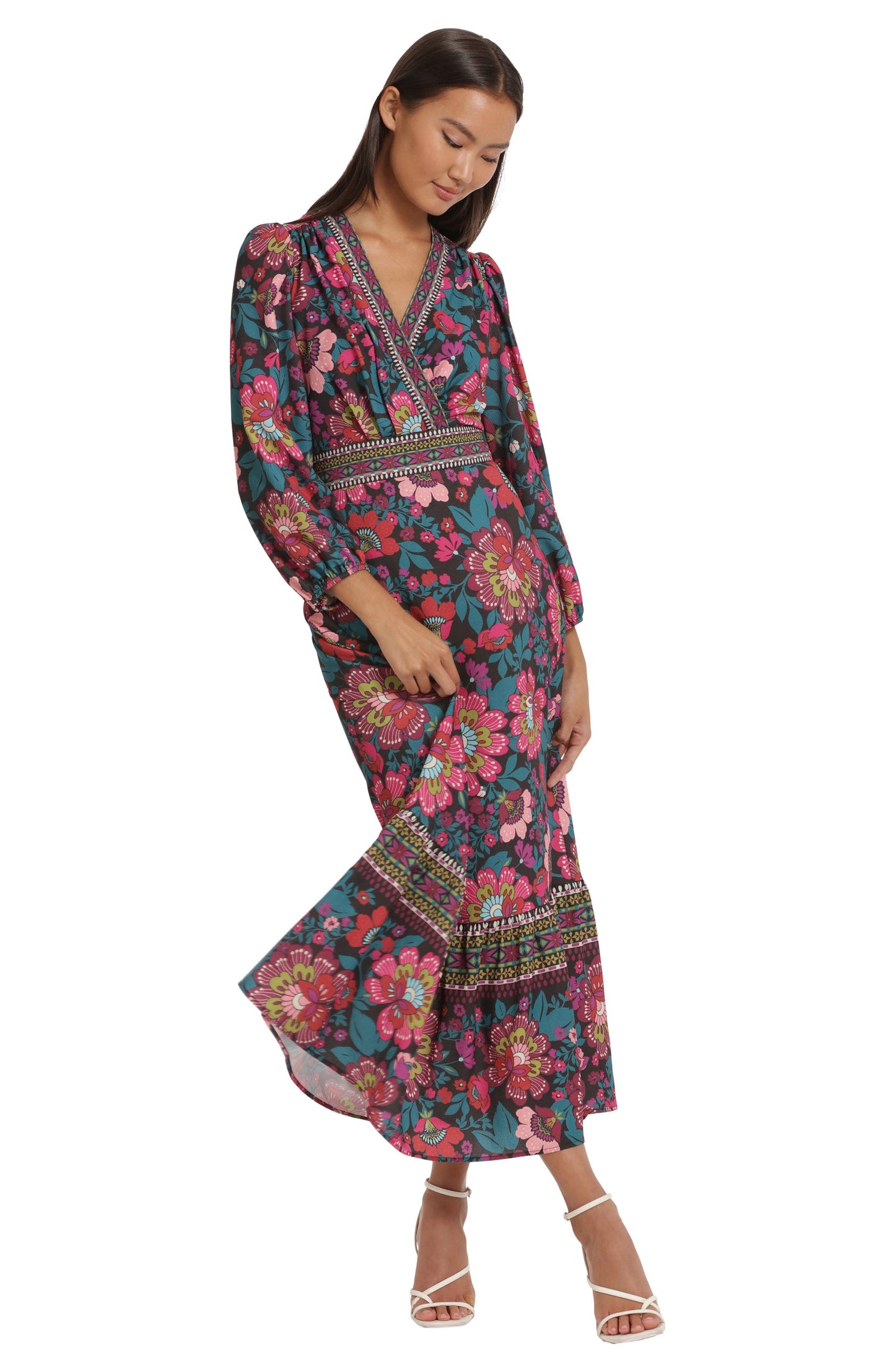 DONNA MORGAN FOR MAGGY Floral Border Print Maxi Dress, Alternate, color, BLACK/ RASPBERRY