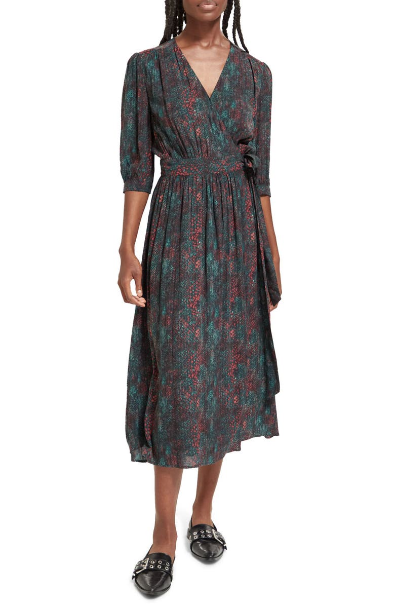 Scotch & Soda Snakeskin Print Faux Wrap Midi Dress