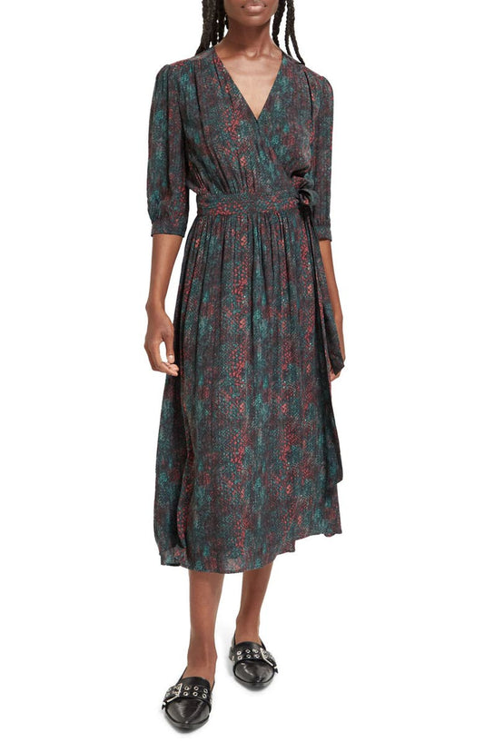 Scotch & Soda Snakeskin Print Faux Wrap Midi Dress