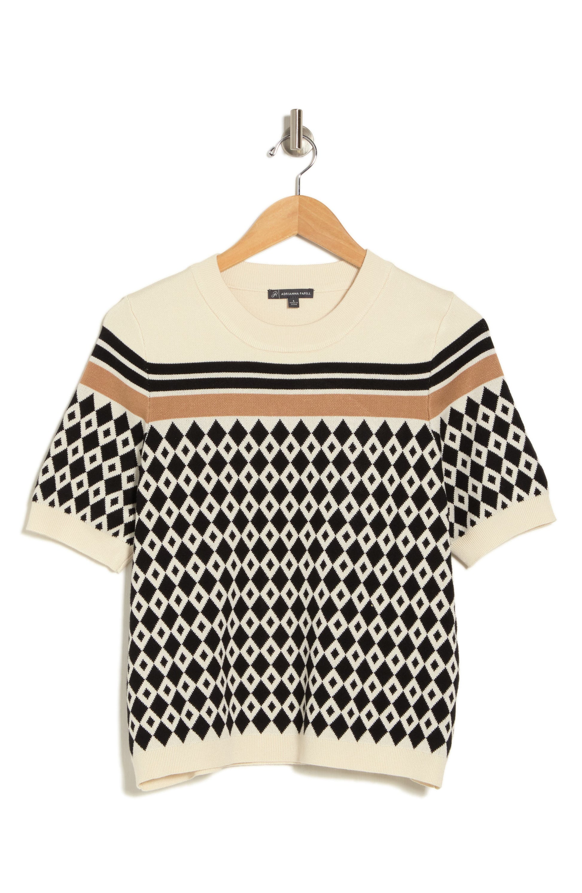 Adrianna Papell Geometric Jacquard Short Sleeve Sweater, Alternate, color, Cream/ Black Striped Geo