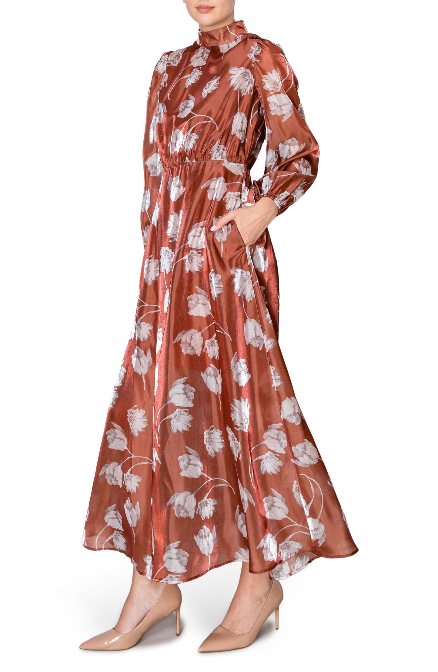 MELLODAY Mock Neck Chiffon Maxi Dress, Alternate, color, Brown Floral