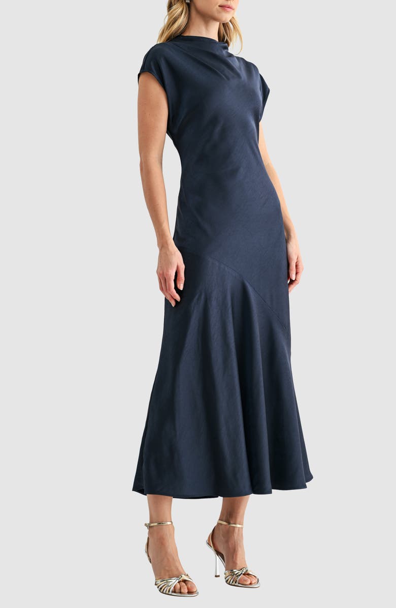 Mila Mae Short Sleeve Asymmetric Hem Satin Maxi Dress