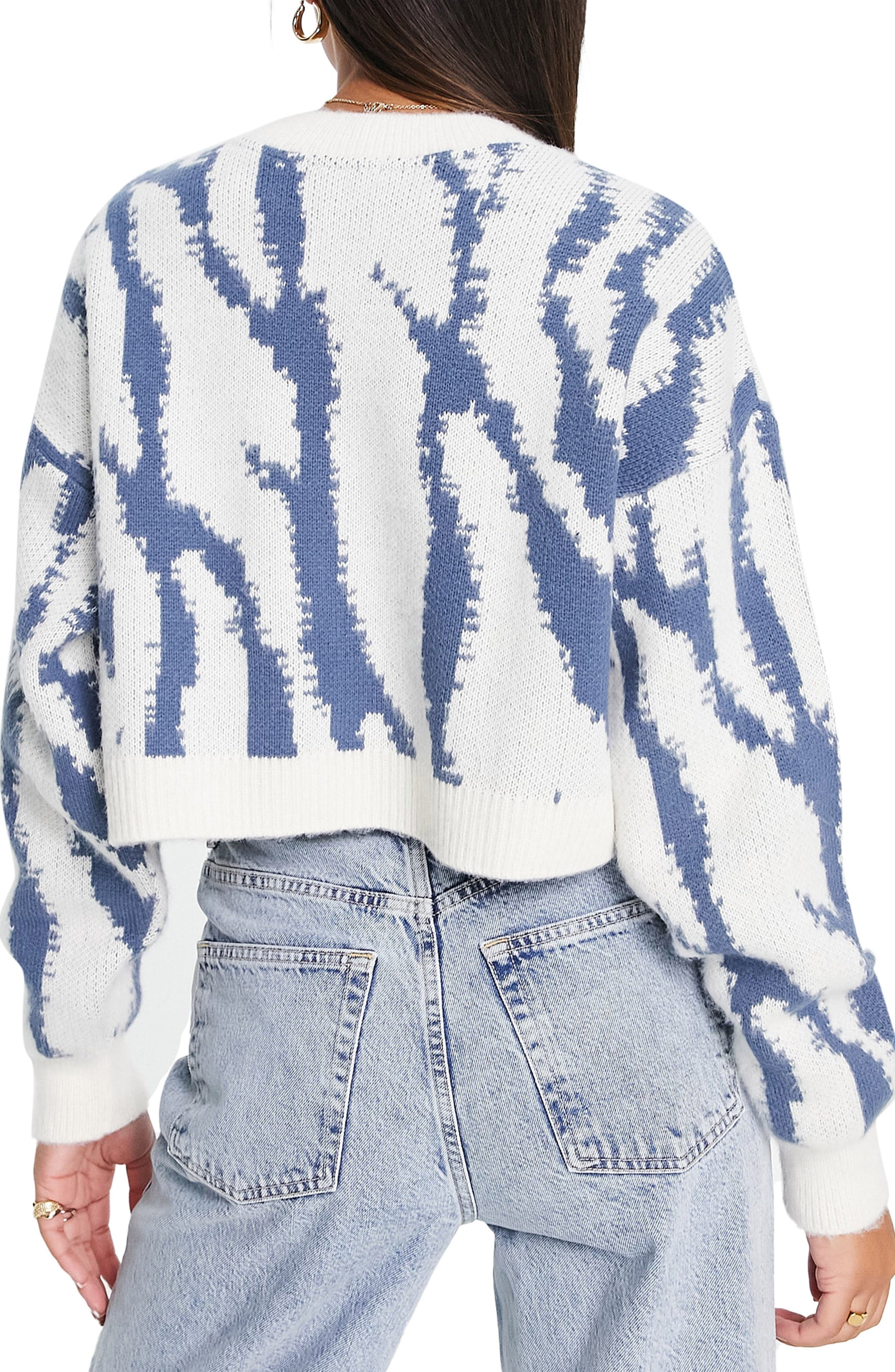 Topshop Abstract Crop Sweater, Alternate, color, MID BLUE