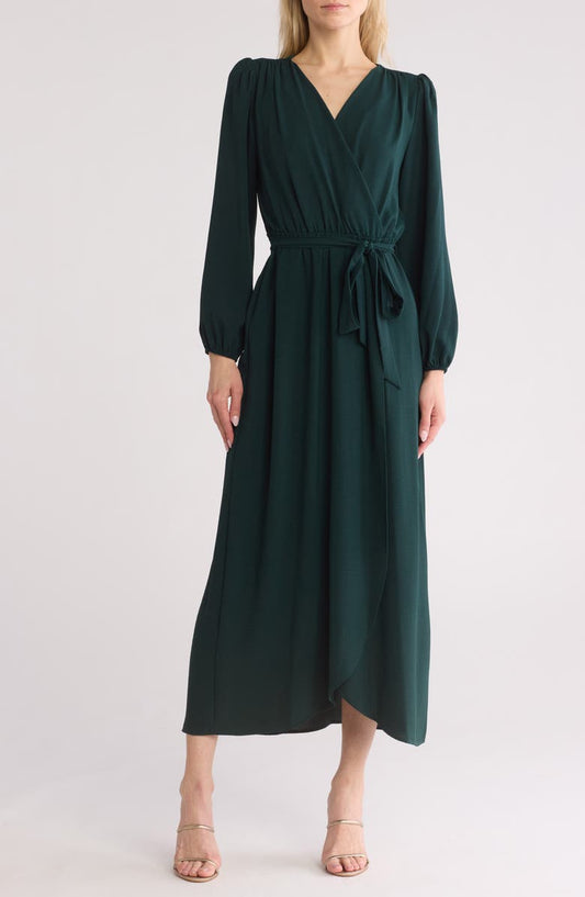 Connected Apparel Faux Wrap Long Sleeve Maxi Dress