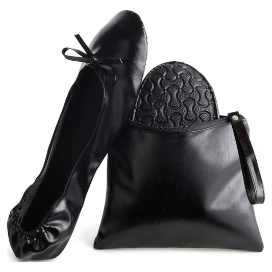 Walmart Black Foldable Ballet Flats for Women, Roll Up Flats with Zipper Pouch, US Size 8.5-9.5