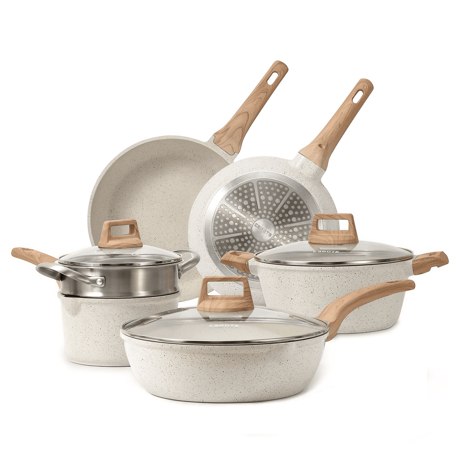 CAROTE Pots and Pans Set Nonstick, White Granite Induction Kitchen