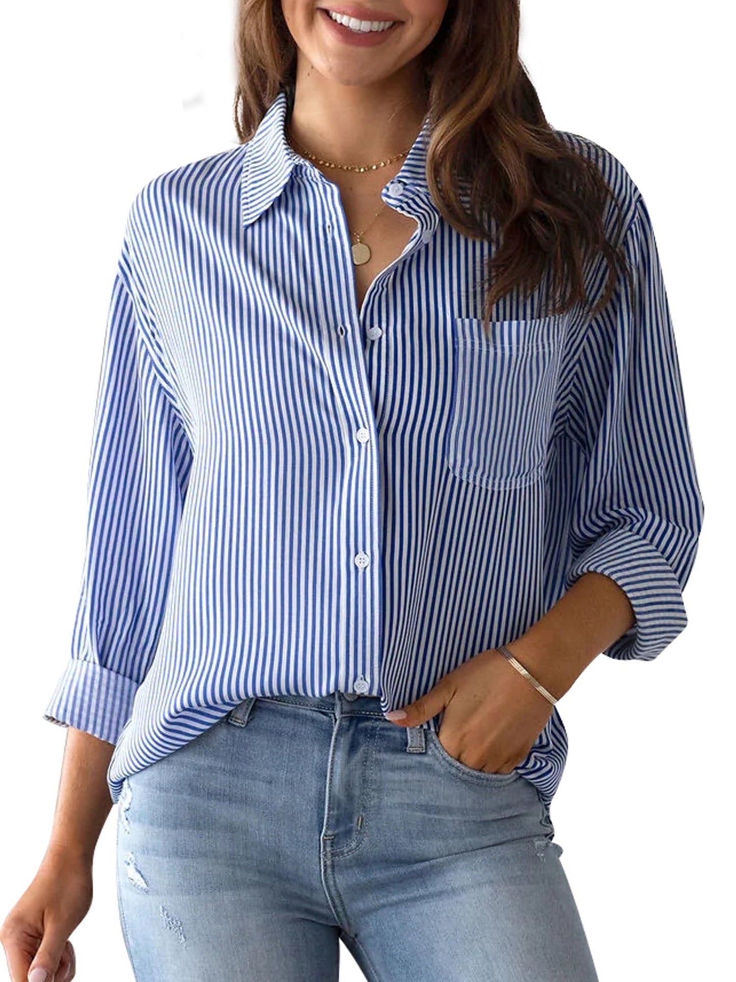 Charmo Women's Striped Button Down Blouses Casual Long Sleeve Shirts - image 1 of 6